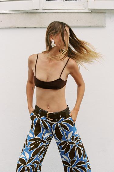 FLORAL PRINT WIDE-LEG TROUSERS - Ecru / Blue by Zara - Image 1