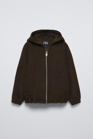 SHORT HOODED WOOL COAT - Brown by Zara