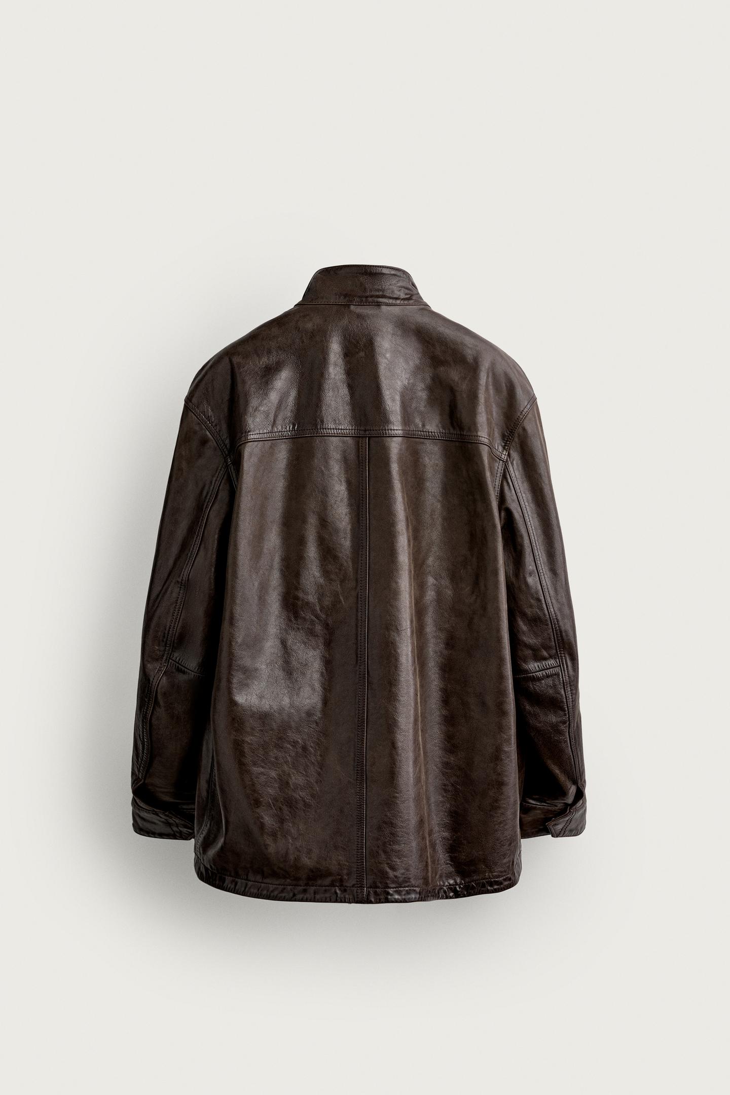 Мужская куртка Zara Leather Utility Pocket, цвет: Коричневый — фото 8