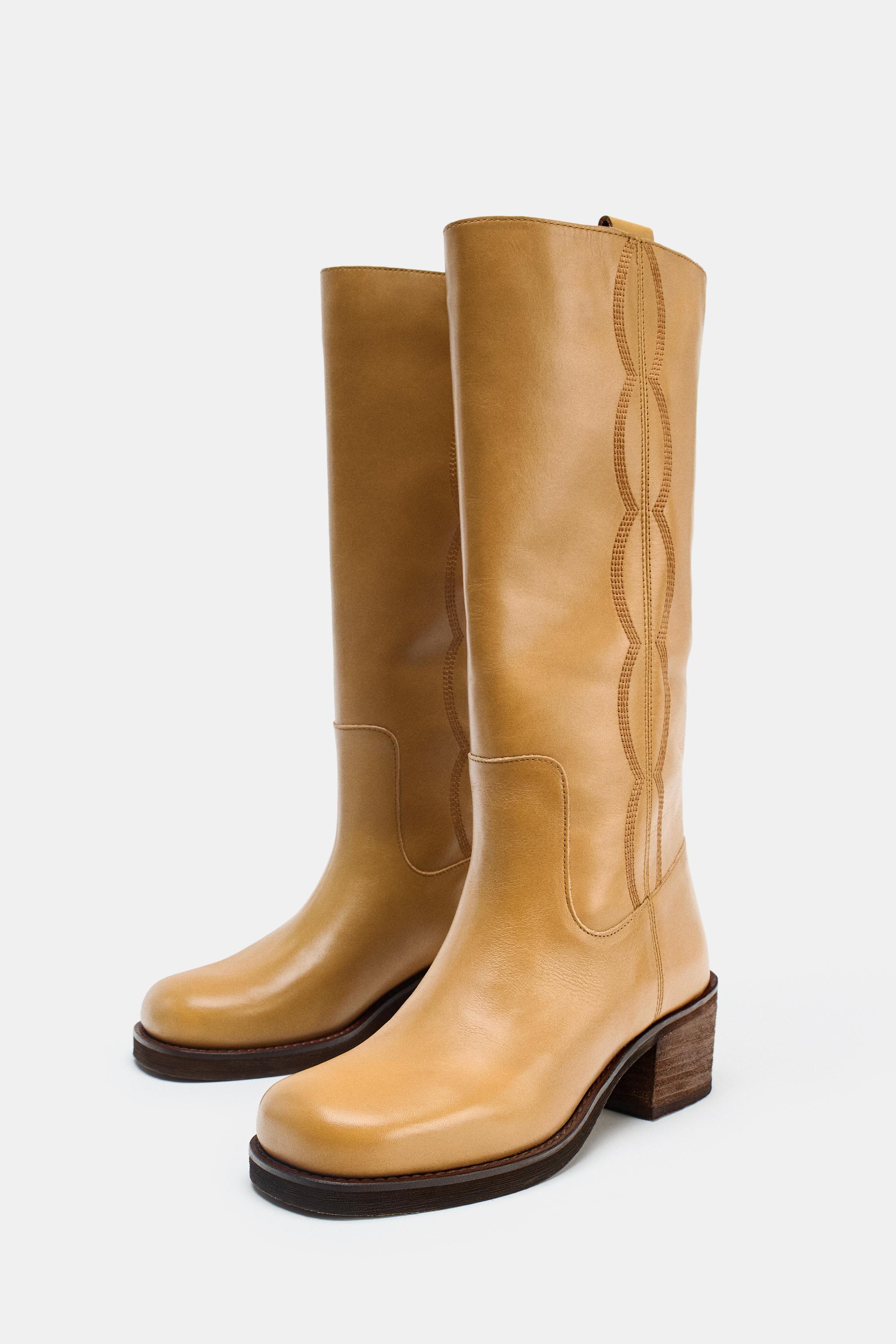 LEATHER TOPSTITCHED BOOTS - Dark tan | ZARA United States