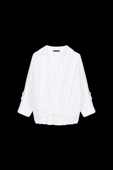 Zara KNOTTED LINEN BLEND SHIRT - White - Image 0