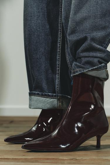 에나멜 키튼힐 앵클부츠 - Zara 버건디 레드