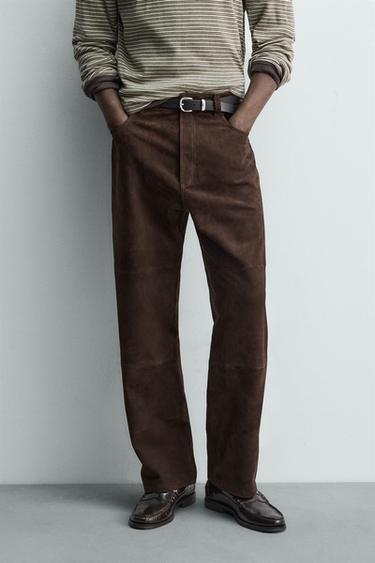 PANTALON STRAIGHT FIT CUIR DAIM - Marron foncé de Zara - Image 1