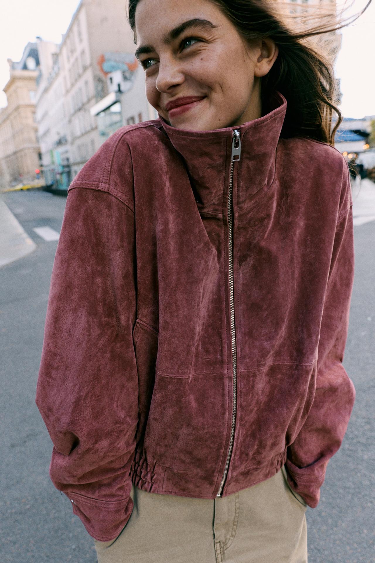 100% LEATHER HIGH NECK BOMBER JACKET — MARSALA