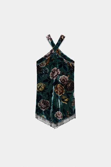VELVET DRESS WITH FRINGING - Dark green by Zara