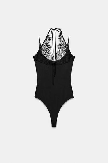HALTER BODYSUIT WITH LACE TRIM - Black by Zara - Image 5
