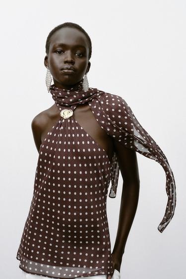 Zara HARDWARE POLKA DOT HALTER TOP - Ecru / Brown