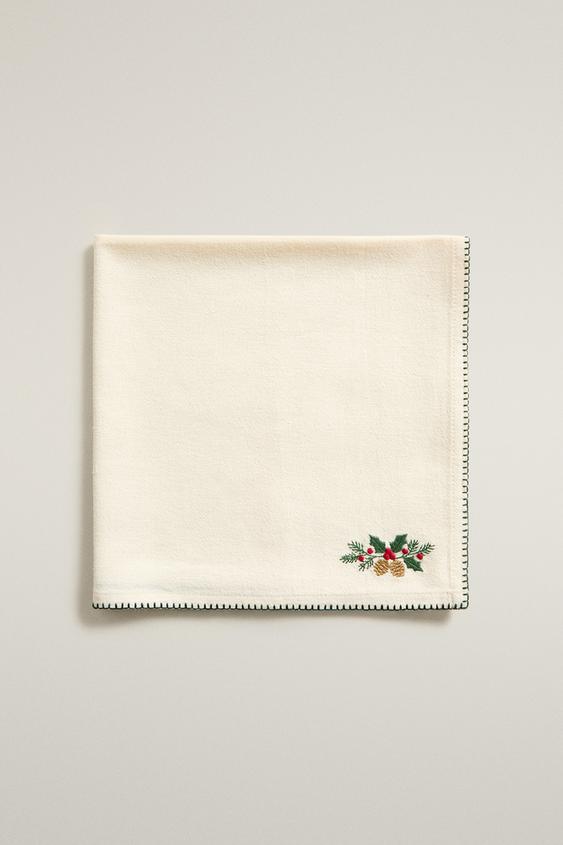 Zara CHRISTMAS EMBROIDERED TOPSTITCH NAPKIN - Ecru - Image 0