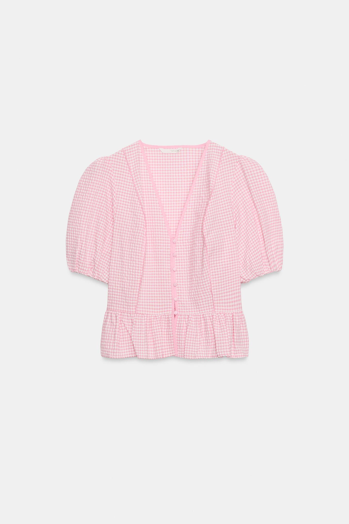 Женская блузка Zara Gingham Peplum Blouse, цвет: Розовый / Белый — фото 7