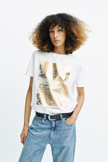 Zara METALLIC SHORT SLEEVE T-SHIRT - White