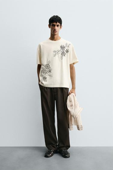 FLORAL EMBROIDERY T-SHIRT - Chocolate by Zara