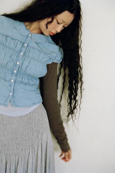 ピーターパンカラー ギャザーシャツブルーZaraのピーターパンカラー ギャザーシャツ - ブルー 