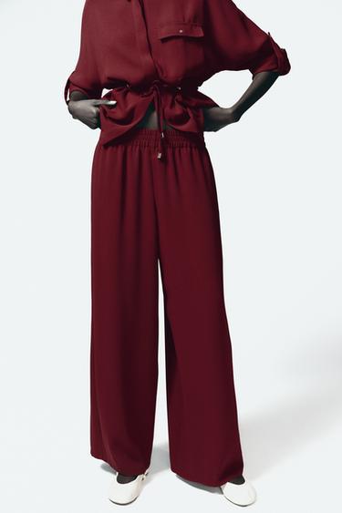 PANTALON EN CRÊPE À JAMBES LARGES - Bordeaux de Zara - Image 1