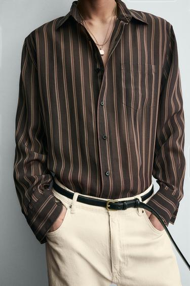 STRIPED FLOWING SHIRT - Brown by Zara - Image 4