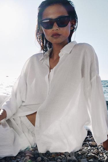 قميص OVERSIZE انسيابي ZW COLLECTION - أبيض الخاص بـ Zara