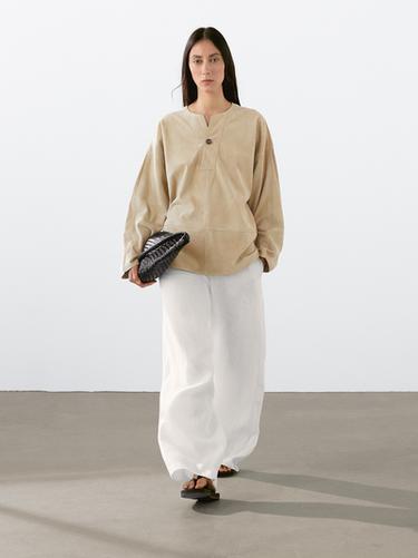 Zara Wide suede leather blouse - Stone