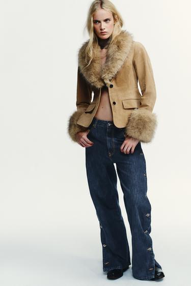 Zara TAILORED 100% SUEDE LEATHER BLAZER WITH FAUX FUR - Sand - Image 0