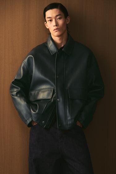 Zara 寬鬆版型人造皮革夾克 - 深綠色 - 圖片 0