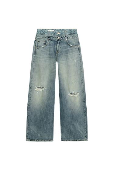Zara TRF STRAIGHT-FIT DOUBLE WAISTBAND MID-RISE JEANS - Blue