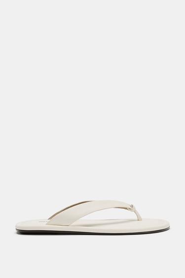 Zara LEATHER FLAT SANDALS - White