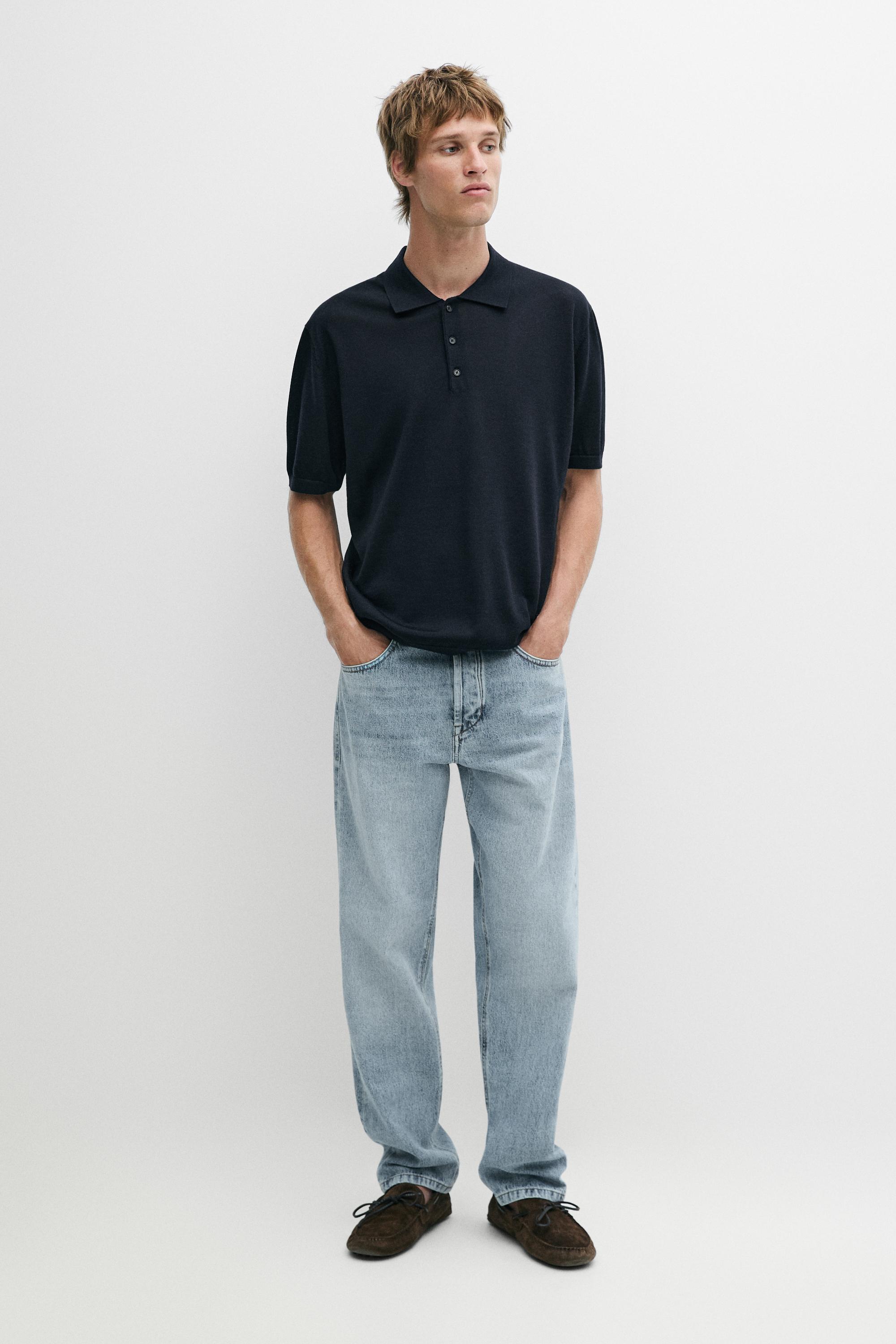 Wool blend knit polo shirt — Navy blue