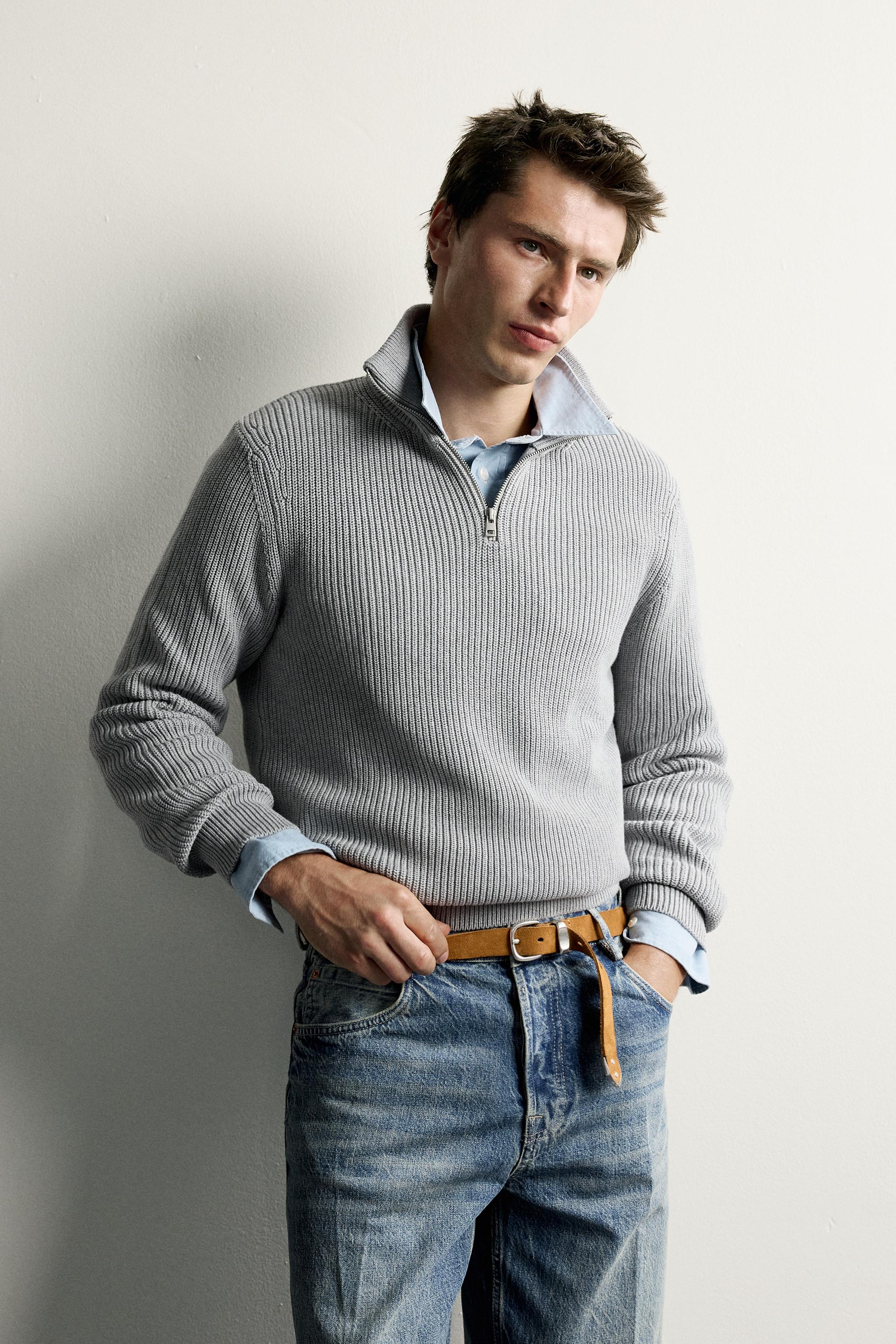 PURL KNIT QUARTER-ZIP SWEATER — Gray marl (alternate view)