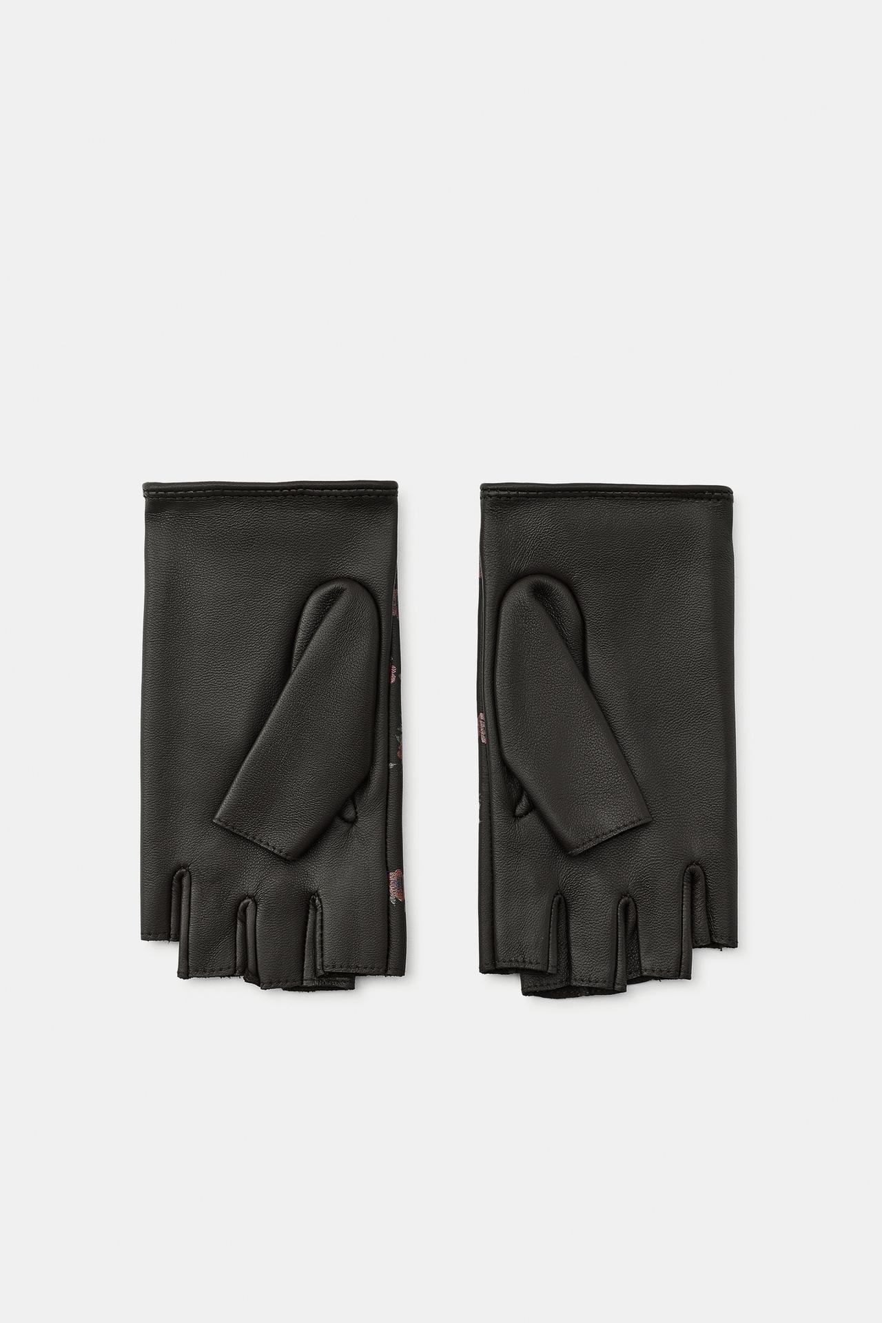 FLORAL PRINT 100% LEATHER MITTENS — Maroon