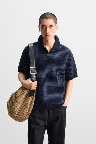 CONTRAST TEXTURED KNIT POLO SHIRT - Navy blue by Zara