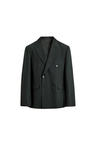 Zara DOUBLE BREASTED WOOL BLEND SUIT JACKET - Dark green