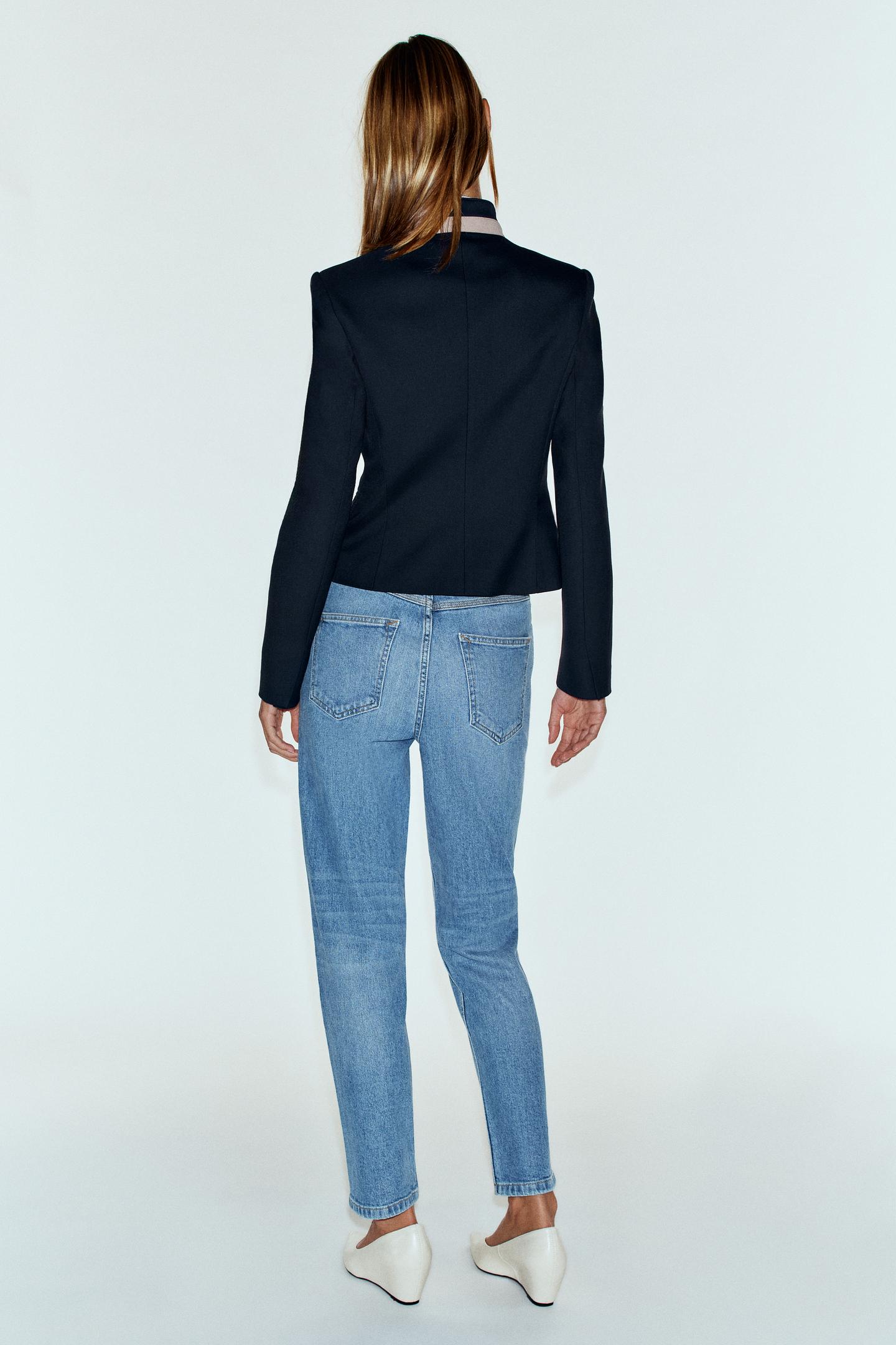 Женский пиджак Zara Contrast Collar, цвет: Тёмно-синий — фото 7