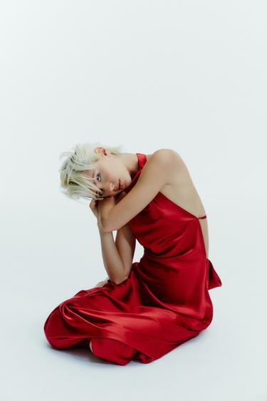 LONG SATIN HALTER DRESS - Dark red by Zara