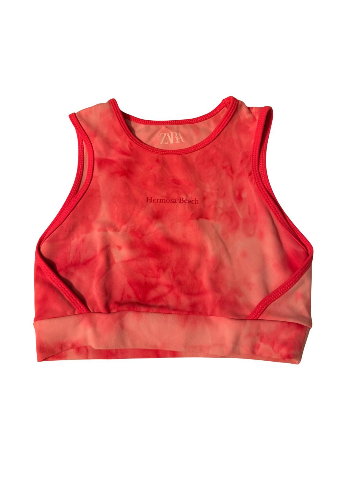 Red tie-dye sports top with "Hermosa Beach" text in the centre and "ZARA" logo on the inside of the neck.
