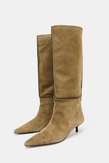 STITCHED SPLIT SUEDE BOOTS - Khaki Green by Zara - Image 3