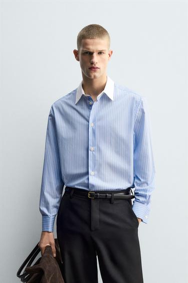 STRIPED SHIRT WITH CUFFLINK CUFFS - Sky blue by Zara