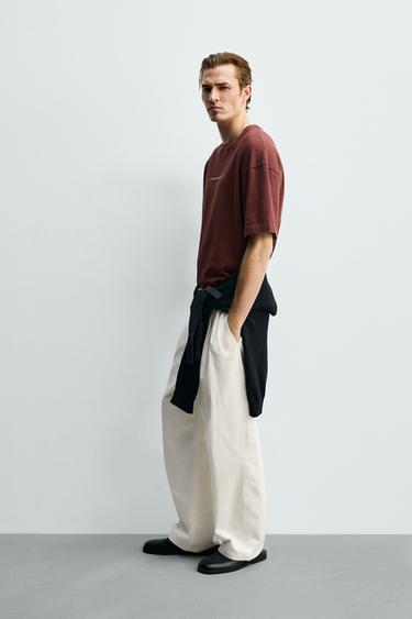 FLOCKED PRINT RELAXED FIT T-SHIRT - Burgundy by Zara - Image 3