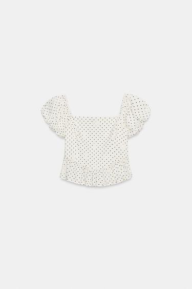TOP IMPRIMÉ À BRODERIES AJOURÉES - Écru / Bleu marine de Zara - Image 7