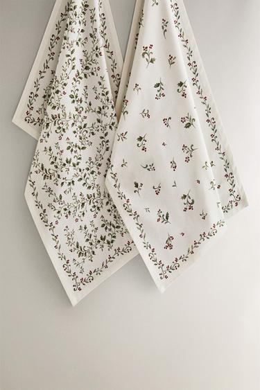 Zaras FLERPACK KÖKSHANDDUKAR I BOMULL MED BLAD (2-PACK) - Grön - Bild 0