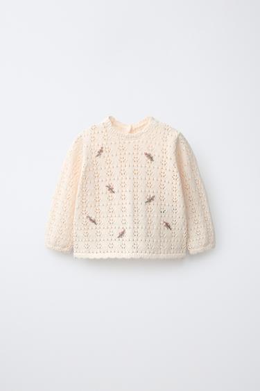 JERSEY PUNTO CALADOS FLORES BORDADAS - rosa claro de Zara - Imagen 0