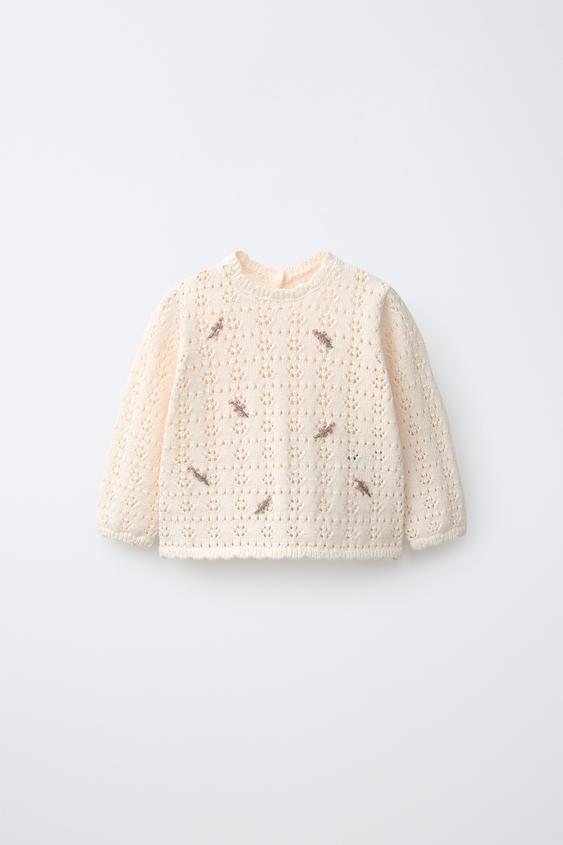 SUÉTER DE TRICÔ RENDILHADO COM FLORES BORDADAS - rosa claro  da Zara - Imagem 0