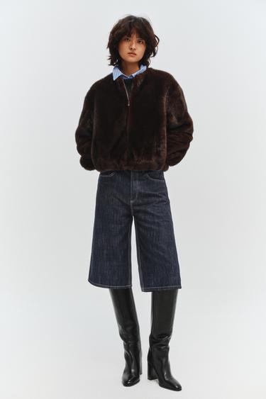 Zara 人造皮草飛行員外套 - 深棕色