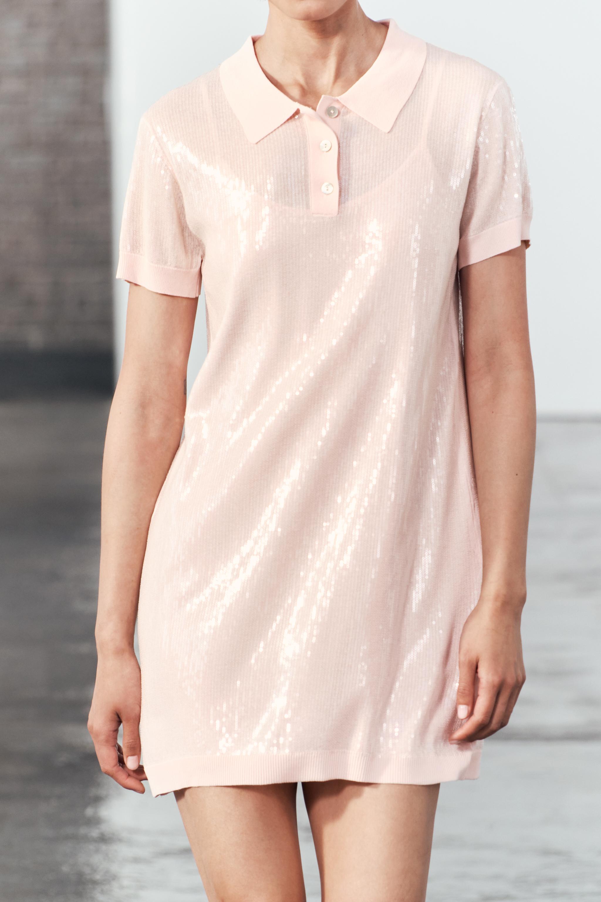 SHORT KNIT POLO DRESS WITH SEQUINS - Pale pink | ZARA Australia