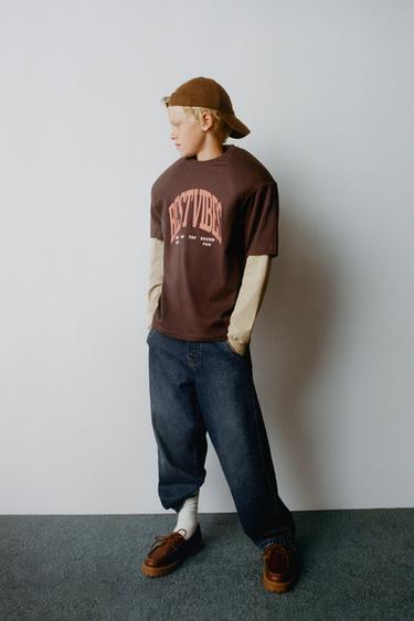 VARSITY DOUBLE SLEEVE T-SHIRT - Brown by Zara