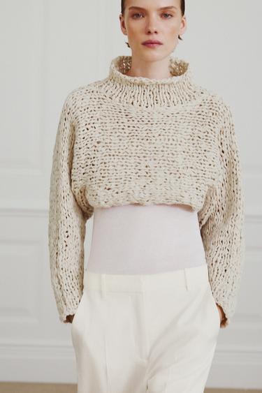 CROPPED KNIT JUMPER WITH INTERTWINED RIBBON - Ecru by Zara