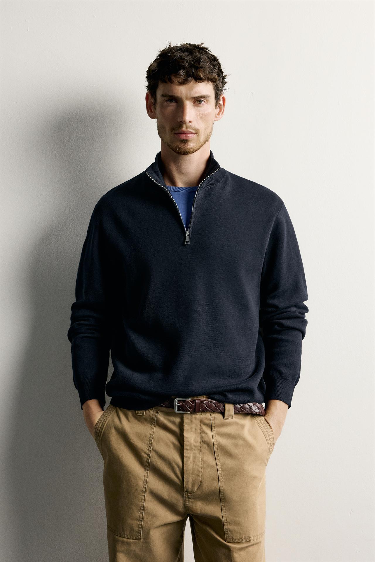REGULAR FIT QUARTER-ZIP SWEATER — Navy blue