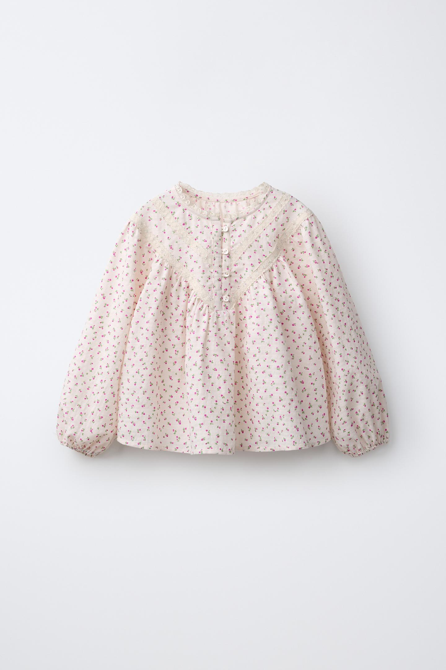 Детская блузка Zara Floral Print Blouse with Ladder Lace, цвет: Бежевый розовый