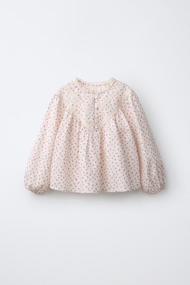 FLORAL PRINT BLOUSE WITH LADDER LACE — Beige-pink 1