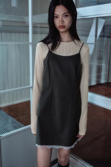 SHORT PINSTRIPED DRESS WITH LACE TRIM - Anthracite Grey by Zara
