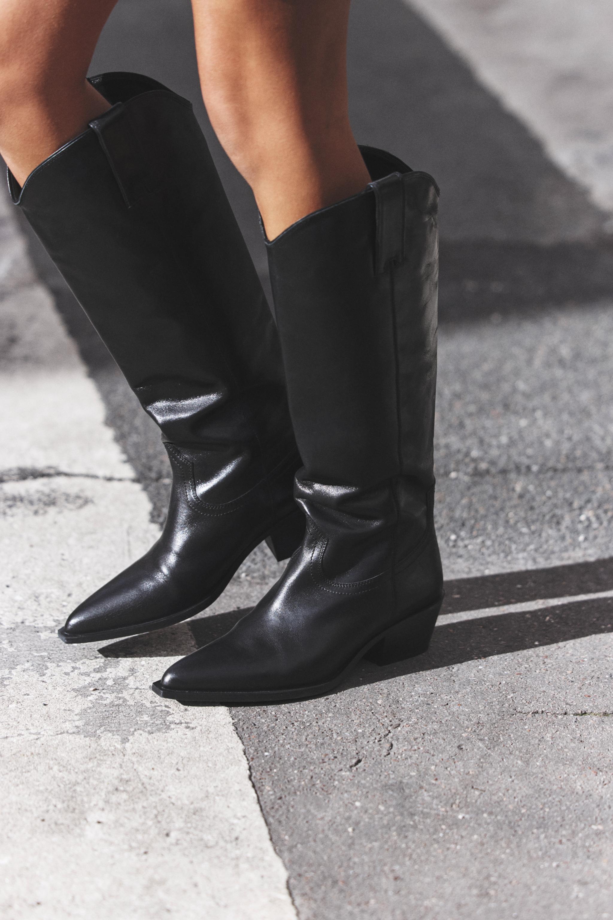 Zara Leather Cowboy Boots Black Women