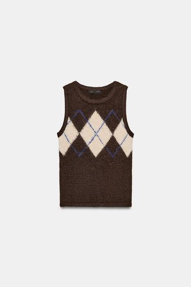 CHALECO PUNTO ROMBOS - Marrón de Zara - Imagen 0