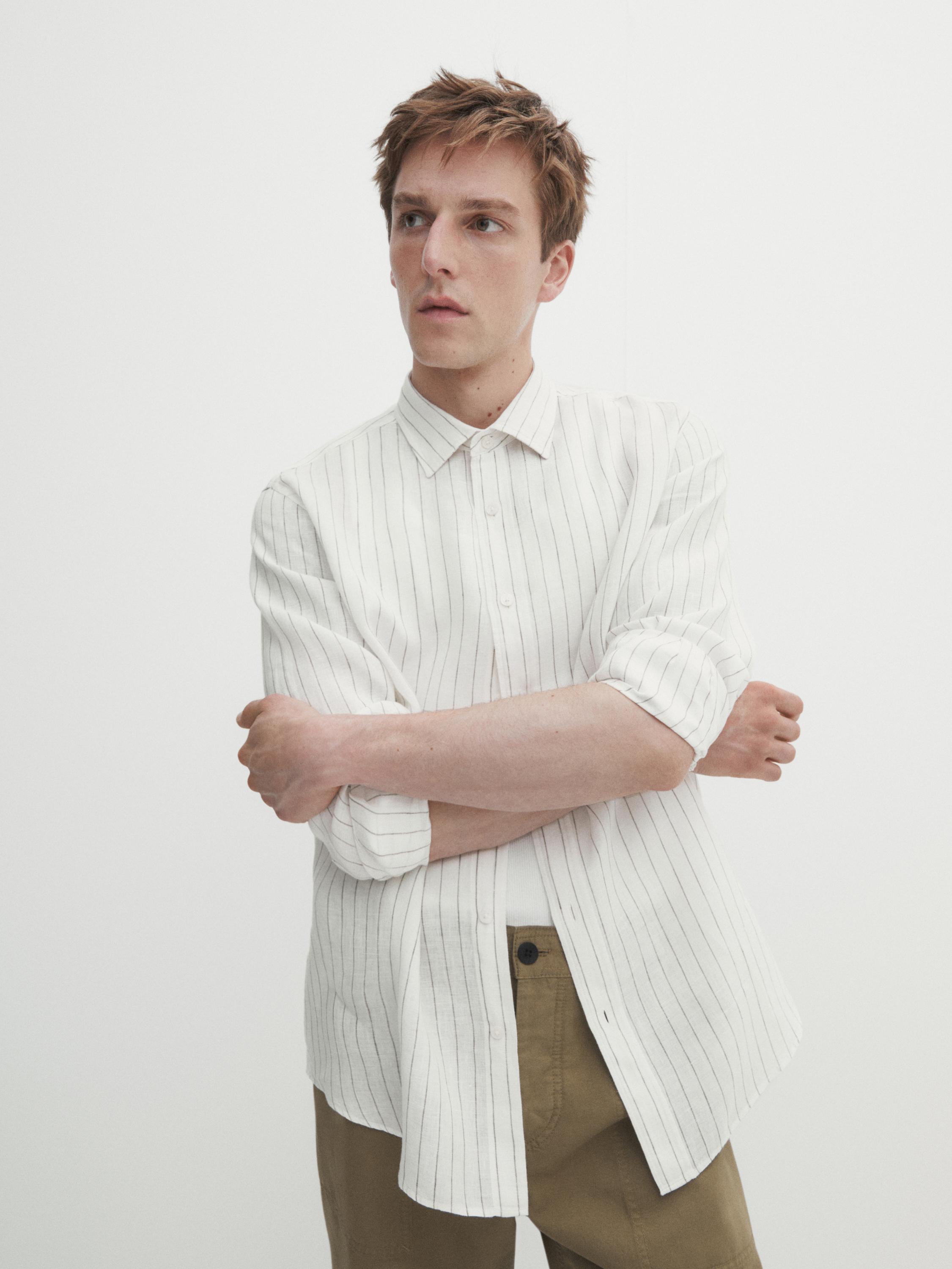 Regular-fit striped 100% linen shirt - Oyster-white | ZARA United 